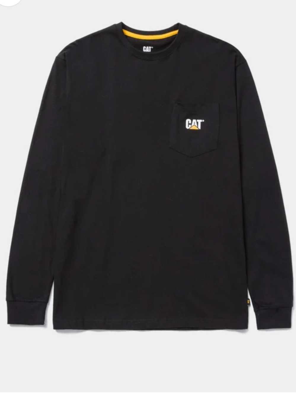 Caterpillar Black Long Sleeve Pocket Tee with Yellow Accent